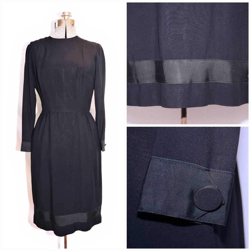 VTG Black Crepe Day Dress Grosgrain Ribbon Detail